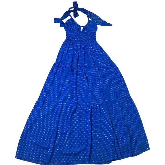 INTERMIX Silk Halter Cutout Maxi Dress Blue Smocked Tiered Lined Resort XS NWOT - Picture 8 of 12